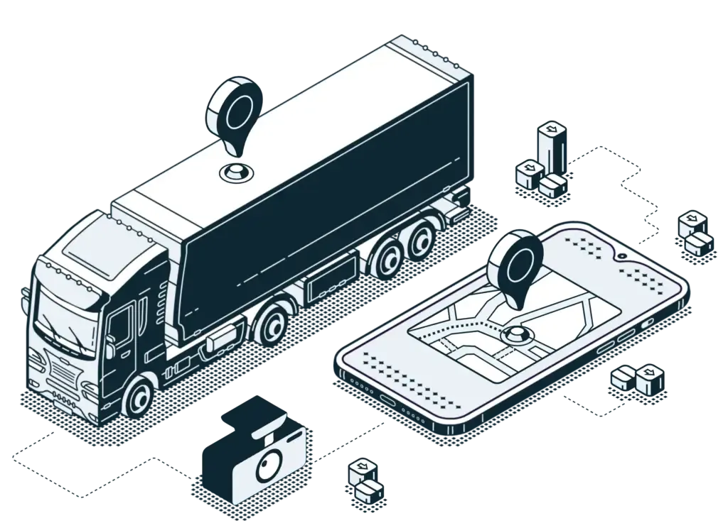 Isometric illustration of fleet tracking with truck and GPS